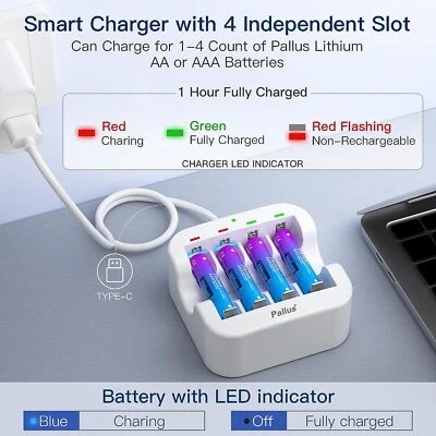 Paquete de 4 pilas de litio recargables Pallus AAA de 1100 mWh con cargador rápido de 1,5 V Foto 1 de 4