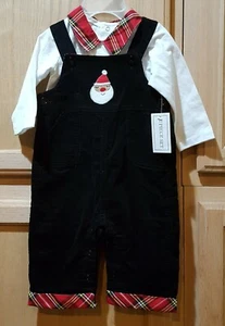 Nursery Rhyme Baby 2pc Black Corduroy Plaid Trim Santa Overalls w/White Shirt  - Picture 1 of 5