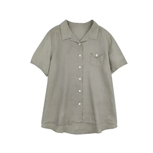 Women's Cotton Linen Button Down Shirt Summer Loose Fit Short Sleeve Blouse - Picture 1 of 12