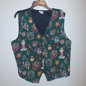 Vintage Bobbie Brooks Womens Christmas Vest 2X Green Tapestry Button - Picture 1 of 8