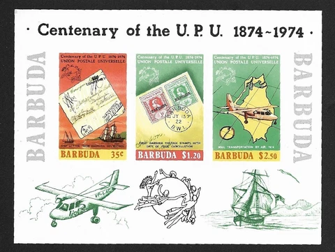 MNH Barbuda 1874 - 1974 UPU Centenary Souvenir Mini Sheet Scott# 169a Stamps Cover