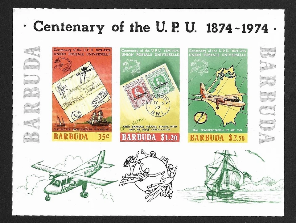 MNH Barbuda 1874 - 1974 UPU Centenary Souvenir Mini Sheet Scott# 169a Stamps - Image 1 of 1