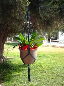 MACRAME PLANT HANGER 43 in SIMPLE 3 ARM White Beads 6mm Navy CHOOSE CORD COLOR - Picture 1 of 20