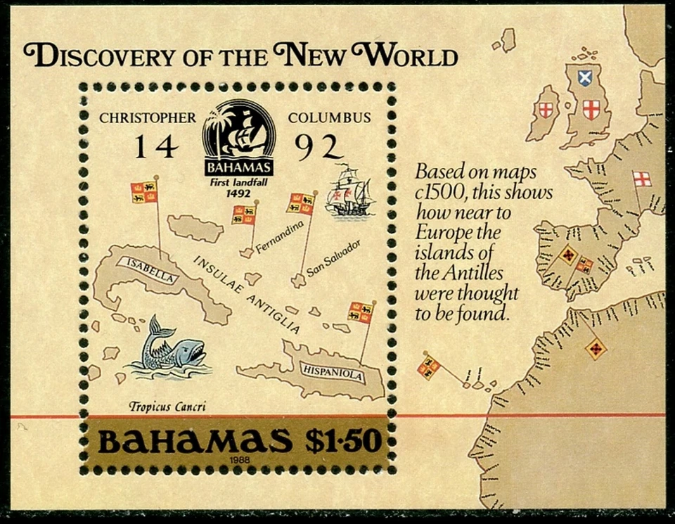 Hoja de recuerdo Bahamas Sc#644 1988 Columbus Discovery of America original como nueva nueva Foto 1 de 1