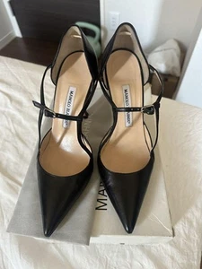 Manolo Blahnik Pumps Heel EU38.5/US8.5 Black leather pointed toe 09700a - Picture 1 of 24