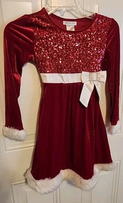 Vestido de Navidad Bonnie Jean Niñas Talla 10 Rojo Terciopelo/Lentejuelas/Piel sintética/Lazo Foto 1 de 4