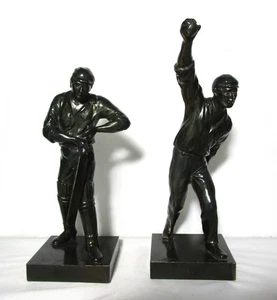 Unique Pair of 11" ANTIQUE ART DECO Bronzed Cricket Player Sculptures, c. 1930 - Picture 1 of 10
