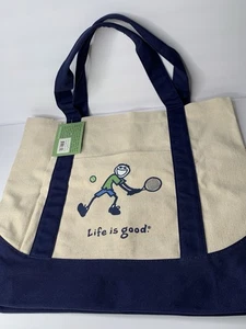 Life Is Good XL Canvas Tote Bag Shoulder Carry-All Sports Natural/Navy 18”x 16” - Picture 1 of 15