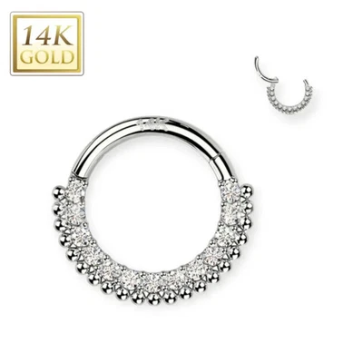 14K Gold Hinged Segment Hoop Rings with Lined CZ and Balls 16G 8mm - Image 1 of 4