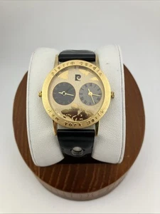 Vtg Pierre Cardin Men 32mm Watch Gold Tone Dual Dials World Map Black Band- RUNS - Picture 1 of 20