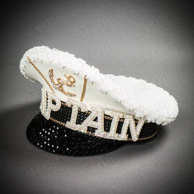 White Burning Man Gold Anchor Captain Hat Adult Yacht Sailor Costume Party Hat - Image 1 of 4