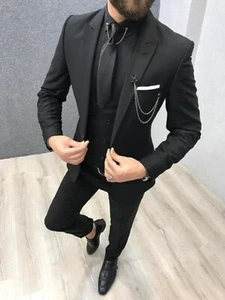 Men Black Suit 3 Pc Tuxedo Slim Fit Suit Wedding Christmas Party Wear Coat Pants - Picture 1 of 6