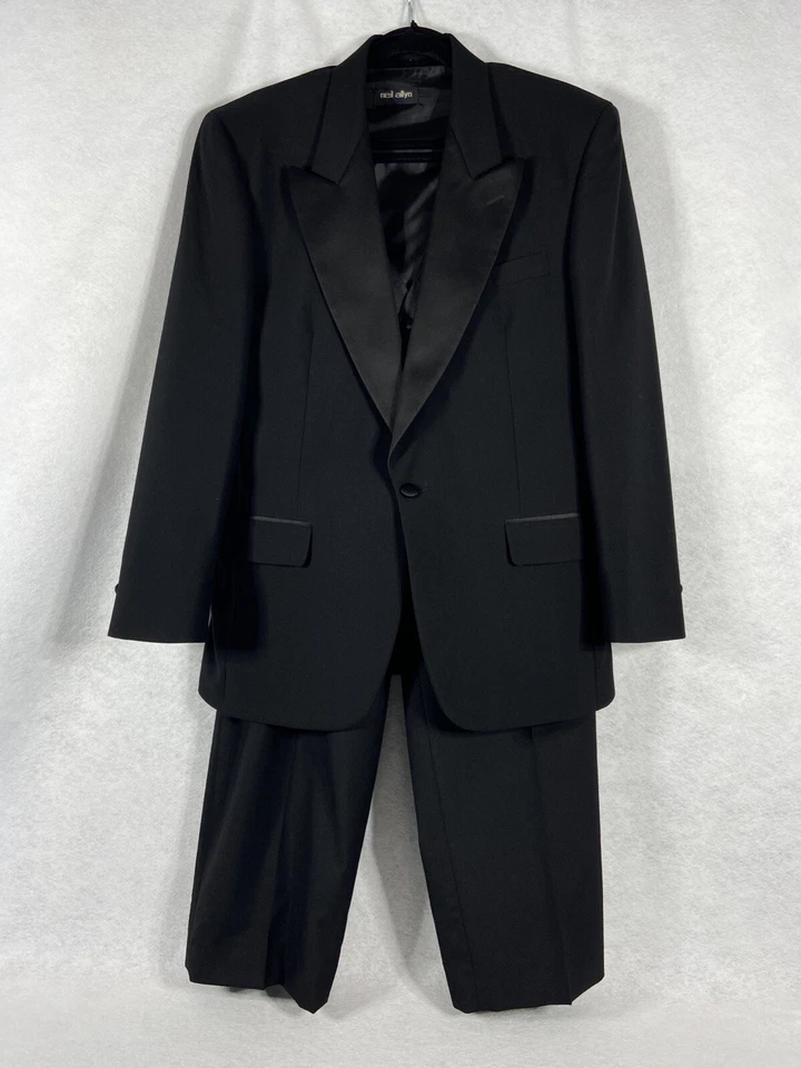 Traje de Esmoquin Neil Allyn 3 Piezas Para Hombre 40R Negro 100% Lana Pantalones Cintura Ajustable Foto 1 de 4