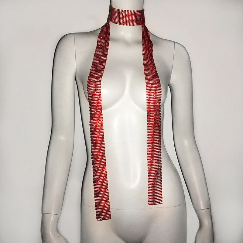 Metal Rhinestone Neck Tie Scarf Neckerchief Long Skinny Glitter Shiny Party - Image 1 of 4