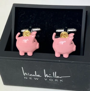 NICOLE MILLER NEW YORK PINK ENAMELED PIGGY BANK CUFFLINKS NWT - Picture 1 of 9