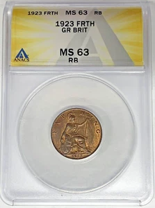 1923 Great Britain Farthing Coin ANACS MS 63 RB - Picture 1 of 2