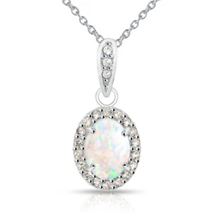 Oval Halo Simulated White Opal & Morganite Necklace in Sterling Silver - Picture 1 of 3