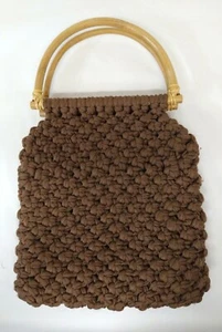 Cartera Macramé Vintage Marrón Forrada Un Compartimento Mango Bambú - Imagen 1 de 3