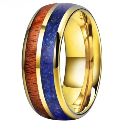 Anillo de carburo de tungsteno con incrustación de madera de koa lapislázuli azul de 8 mm para boda ajuste cómodo Foto 1 de 4