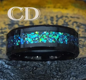Anillo de boda de tungsteno negro real para hombre con incrustaciones de ópalo galaxia verde y azul - Imagen 1 de 10