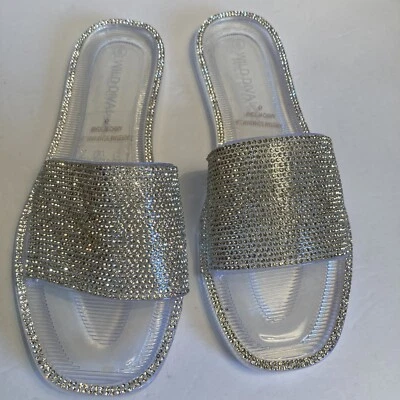 Wild Diva Lounge Clear Flat Sandals Crystal Strap Size 6 - New - Image 1 of 4