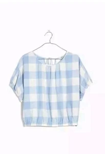 Madewell Linen-Blend Michele Bubble Blue&White Gingham Check S/S Top Womens Sz M - Picture 1 of 9