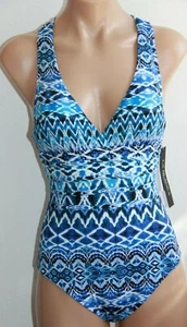 Neu mit Etikett La Blanca Badeanzug Bikini 1 Einteiler Gr. 4 blau Oasis Ikat kreuz und quer - Bild 1 von 2