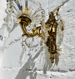 Aplique francés antiguo, pendalogo, bronce, vidrio, colonial, imperio, lámpara de pared - Imagen 1 de 21
