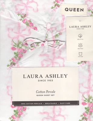 Laura Ashley Queen Sheet Set Floral Ribbon Stripe Pink 4pc Cottage Farmhouse - Image 1 of 4