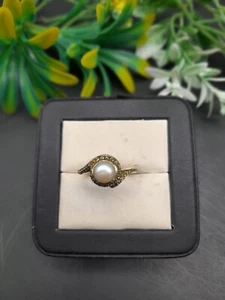 Vintage Pearl and Diamond Ring, Brass Diamond Pearl Ring, Minimalist Pearl Ring - Picture 1 of 4