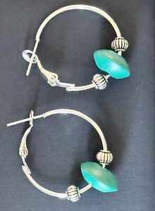 Etched Silver Lever Back Hoops and Teal Wooden Bead Earrings. Boho Chic.