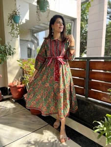 Hand Block Printed Dress | Summer Midi Dress | Summer Cotton Floral Dress pocket - Picture 1 of 9