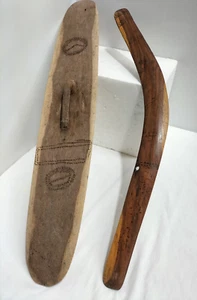 Scare Vintage Aboriginal Art Pokerwork Shield & Boomerang Hardwood Pieces - AF - Picture 1 of 12