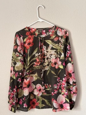 Blusa Tommy Bahama Petite Para Mujer’s S Negra Rosa Floral Algodón Seda Boho Foto 1 de 4