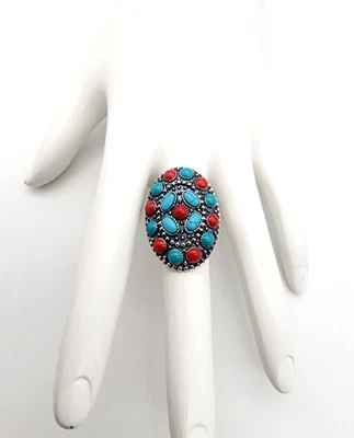 NEW CLUSTER OF TURQUOISE & CORAL CABS 925 STERLING SILVER SZ. 7.25 RING 11.2 GR. - Image 1 of 4