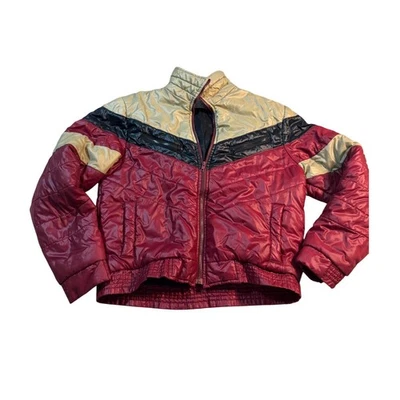 Vtg Alpine Ski  80s Puffer Jacket Red Black Gold Chevron Winter Coat Size L - Image 1 of 4