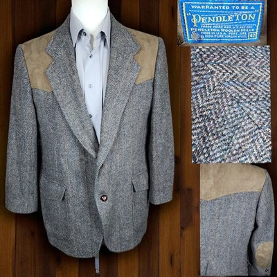 Blazer Pendleton Vintage Para Hombres 42S Gris Espiga Tweed Western Codo Parches Foto 1 de 4