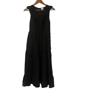 J. Vestido Midi Crew Cuello en V Calado Negro Volantes Algodón en Niveles Talla 4 Nuevo con Etiquetas - Imagen 1 de 14
