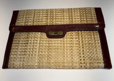 VTG Etienne Aigner Straw/Oxblood Leather Trim Envelope Clutch Turn lock 7.5x11 - image 1 of 4