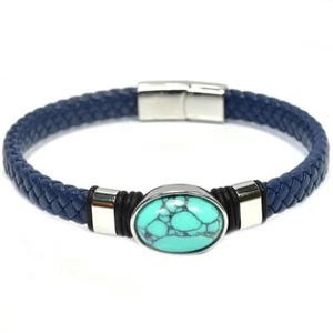 925 STERLING SILVER NATURAL BLUE TURCUOISE & BLUE LEATHER CUFF BANGLE 7.5 - Picture 1 of 6