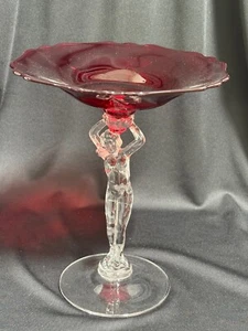 Cambridge Ruby Red Sculptured Nude Stem Flared Compote 8 1/2" (C) - Picture 1 of 9