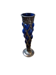 Antique Art Nouveau Vase Cobalt Glass Silverplate Overlay Vase Blue Bubble READ - Picture 1 of 12