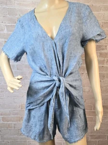 Anthropologie 100% Linen Blue Montana Romper Shorts Jumpsuit 1 Piece Women's M - Picture 1 of 11