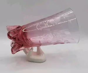 1960er Jahre Tiffin Glas rosa Glysterien Optik Träne geätzt Blumen MCM Fußvase - Bild 1 von 21