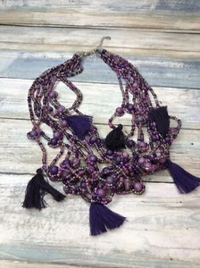 C1946 Purple Tassel Necklace Multi-strand Ethnic Silver Extender lobster clasp - Picture 1 of 8