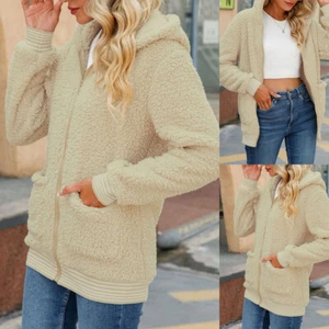 Womens Teddy Bear Hooded Jacket Coat Full Zipper Winter Fleece Cardigan Overcoat - Picture 1 of 11