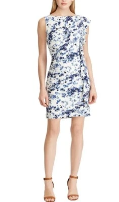 NWT American Living White Blue Floral Stretch Side Ruffle Sheath Dress Sz 18 - Image 1 of 4