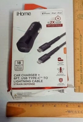 iHome car charger + 6ft usb type c to cable for iPhone iPad & iPod NEW - Image 1 of 3