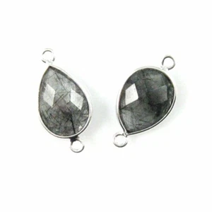 Bezel Gem Links -Sterling Silver-Faceted Teardrop Shape-Black Rutilated- 2 pcs - Picture 1 of 2