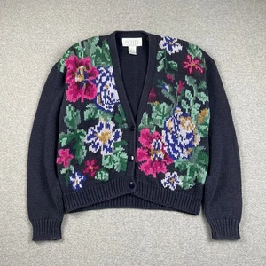 VTG Floral Grandma Cottagecore Cardigan Sweater M Chunky Knit Button Up Blue - Picture 1 of 22